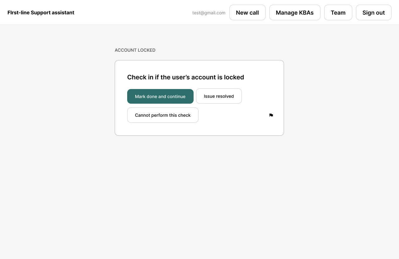 A single troubleshooting step with Mark done and continue, Issue resolved, and Cannot perform this check