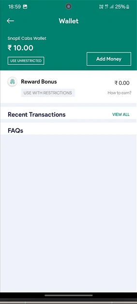 Original SnapE Cabs wallet screen with empty transaction and FAQ sections
