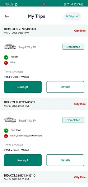 Original SnapE Cabs My Trips list with booking IDs shown first