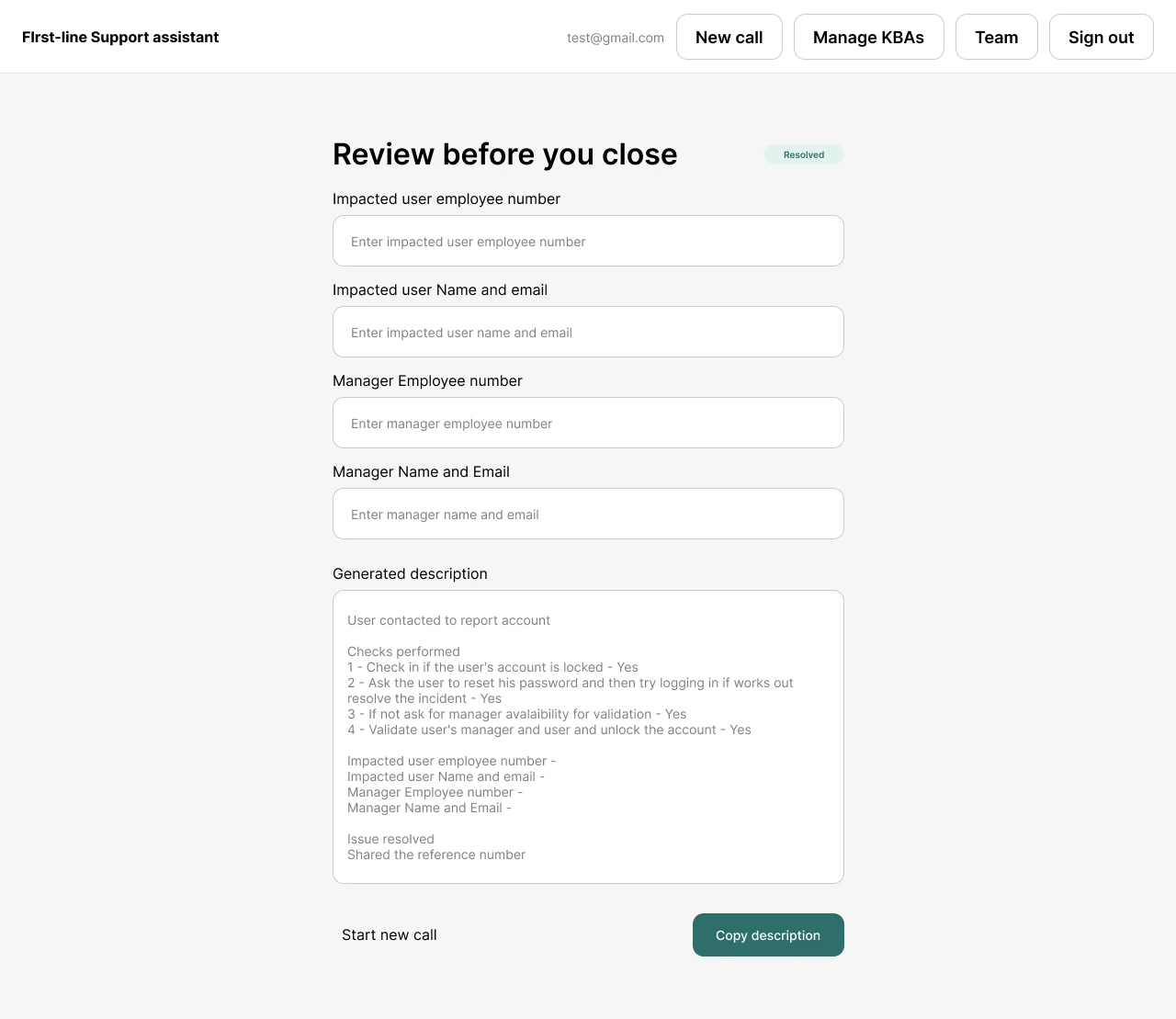 Review before you close: capture fields and a generated ticket description with Copy description