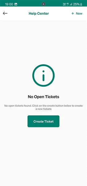 Original SnapE Cabs Help Center showing an empty-ticket state