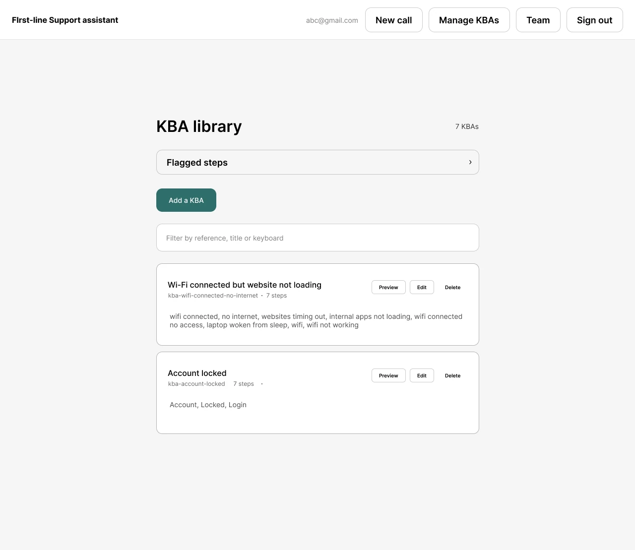 KBA library with flagged steps, Add a KBA, and procedures with preview, edit and delete