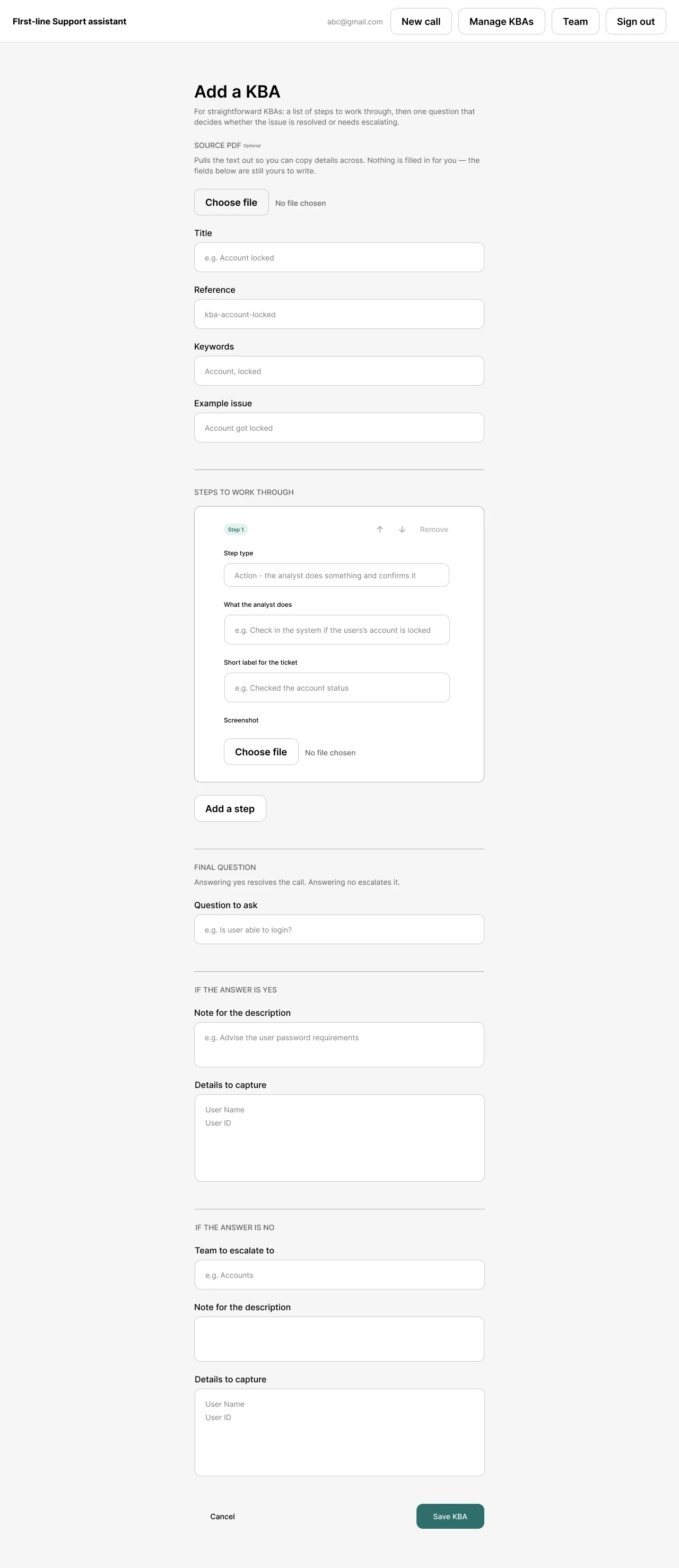 Add a KBA form: source PDF, title, keywords, ordered steps, a final question, and what to capture on yes or no