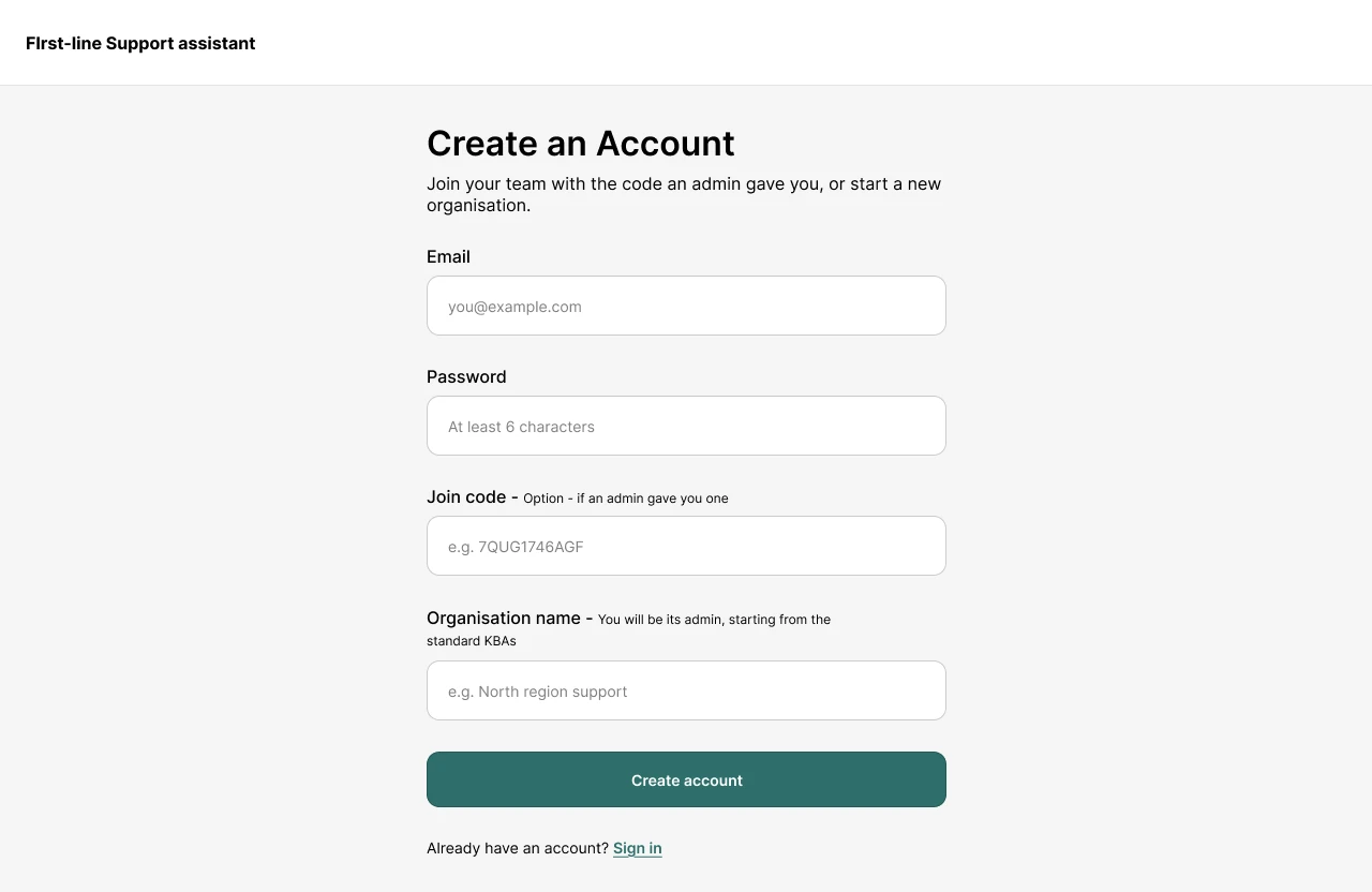Create an account with an optional join code or a new organisation name