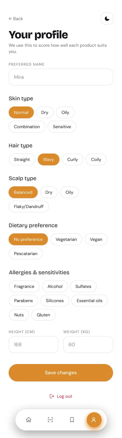 TruWiz Profile screen