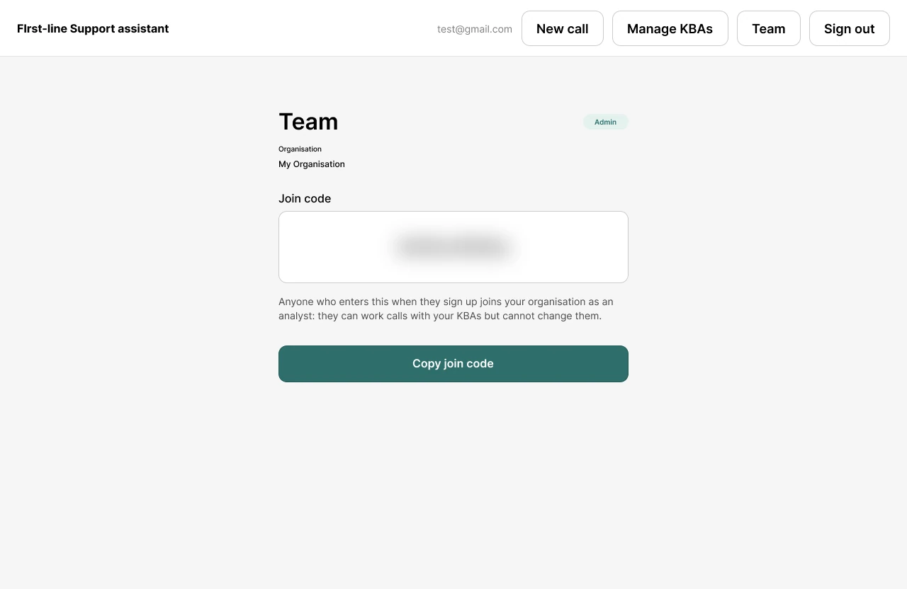 Team screen showing the organisation, an admin badge and a join code to copy