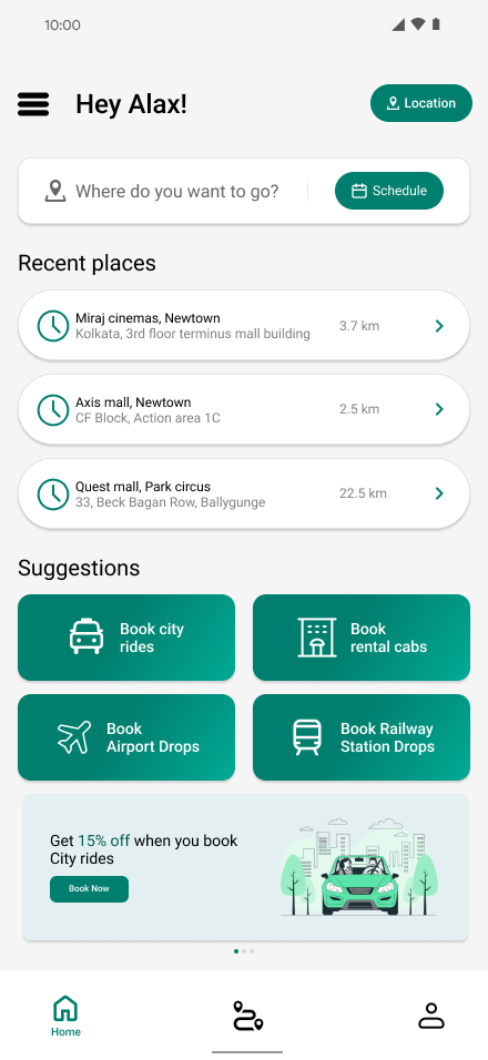 Redesigned SnapE Cabs home screen with recent places