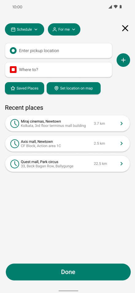 Location entry screen with schedule and saved places