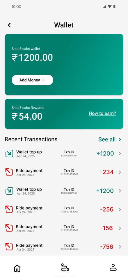 Wallet screen with balance, rewards and transaction log