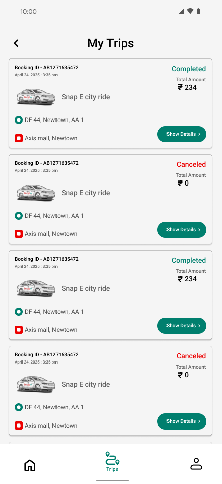 My Trips list showing ride status and fares